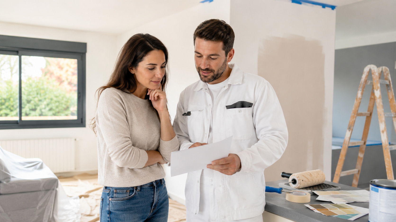 Profesional de pintura revisando un presupuesto con una clienta en una vivienda
