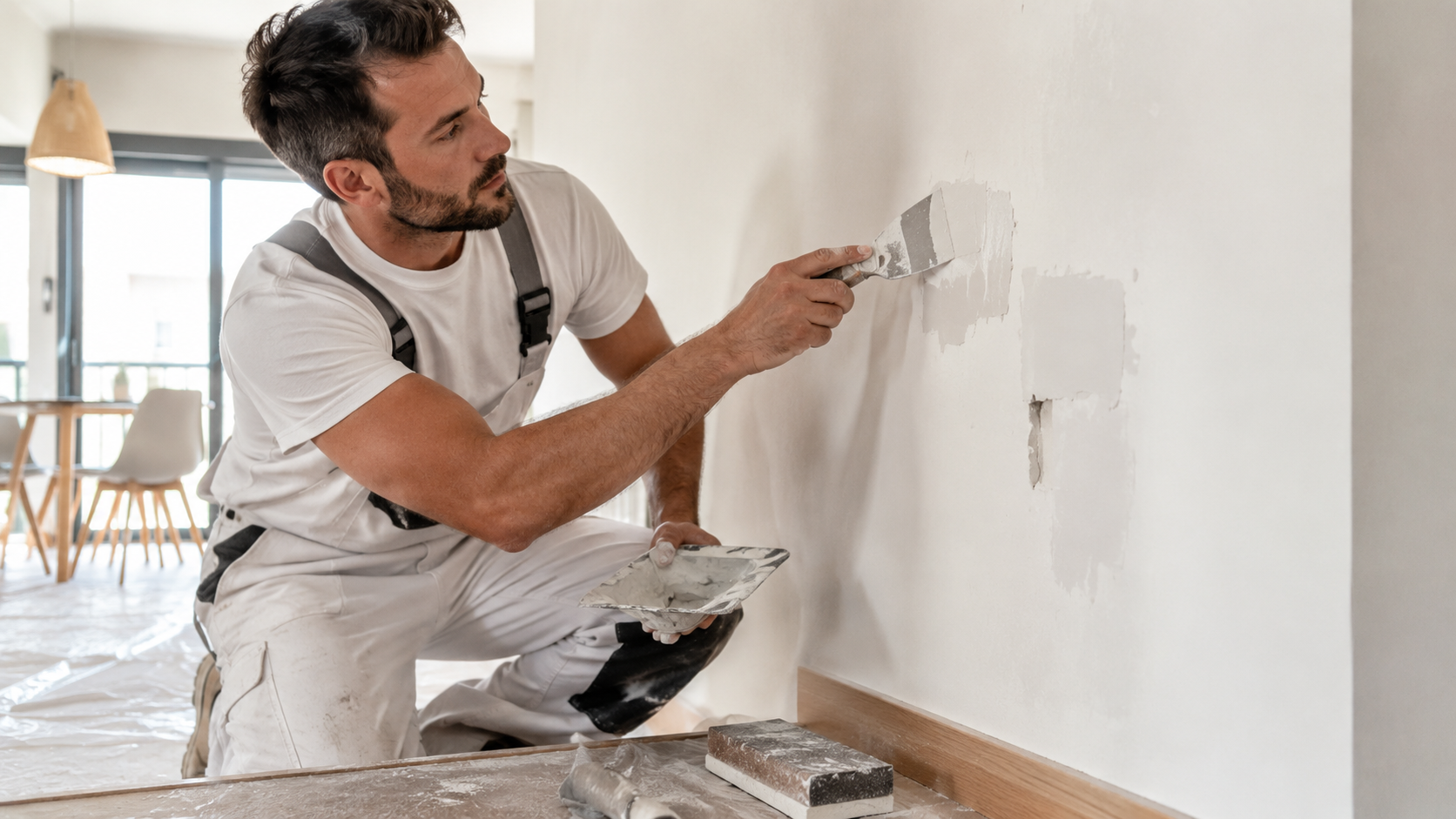 Pintor profesional pintando un piso luminoso con el suelo protegido